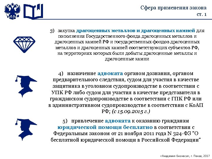 Сфера применения закона ст. 1 3) закупка драгоценных металлов и драгоценных камней для пополнения