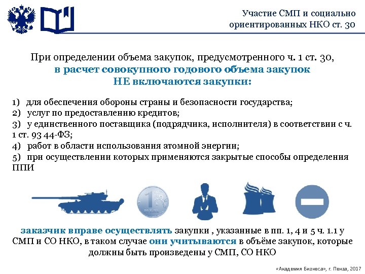 Участие СМП и социально ориентированных НКО ст. 30 При определении объема закупок, предусмотренного ч.
