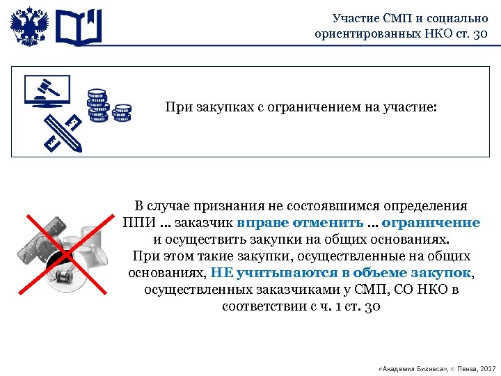 Участие СМП и социально ориентированных НКО ст. 30 При закупках с ограничением на участие: