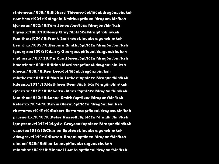 rthieme: x: 1000: 10: Richard Thieme: /opt/local/dragon: /bin/ksh asmith: x: 1001: 10: Angela Smith: