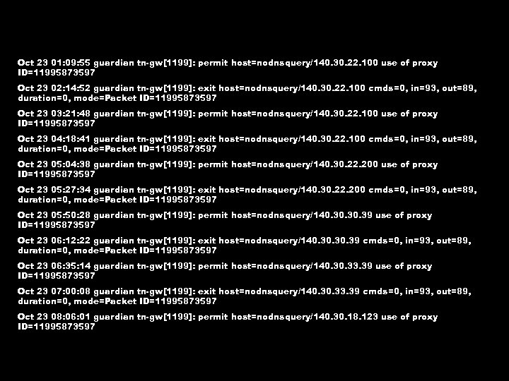 Oct 23 01: 09: 55 guardian tn-gw[1199]: permit host=nodnsquery/140. 30. 22. 100 use of