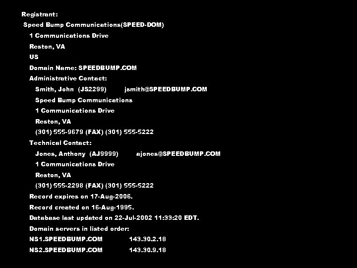 Registrant: Speed Bump Communications(SPEED-DOM) 1 Communications Drive Reston, VA US Domain Name: SPEEDBUMP. COM