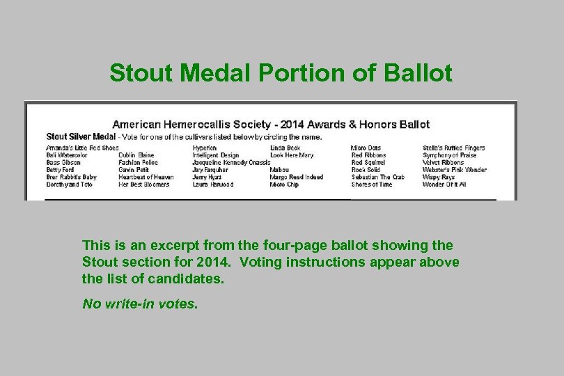 Stout Medal Portion of Ballot This is an excerpt from the four-page ballot showing