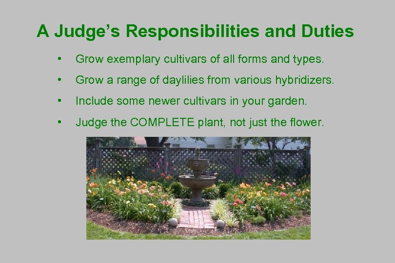 A Judge’s Responsibilities and Duties • Grow exemplary cultivars of all forms and types.