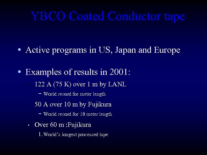 YBCO Coated Conductor tape • Active programs in US, Japan and Europe • Examples