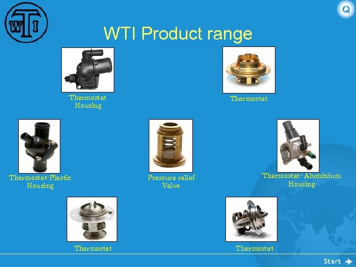 WTI Product range Thermostat Housing Thermostat-Plastic Housing Thermostat Pressure relief Valve Thermostat- Aluminium Housing