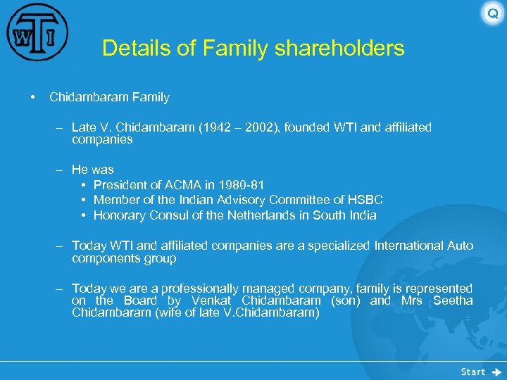 Details of Family shareholders • Chidambaram Family – Late V. Chidambaram (1942 – 2002),