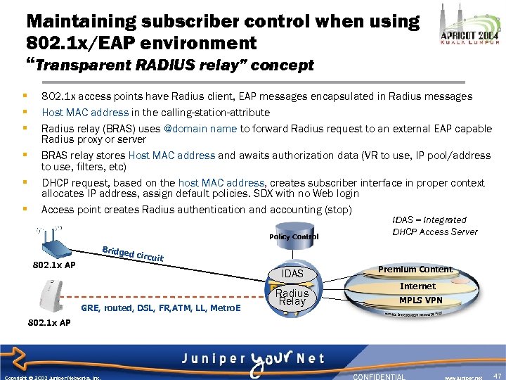 Maintaining subscriber control when using 802. 1 x/EAP environment “Transparent RADIUS relay” concept §