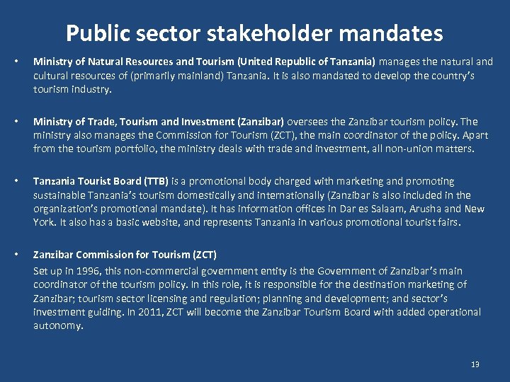 Public sector stakeholder mandates • Ministry of Natural Resources and Tourism (United Republic of