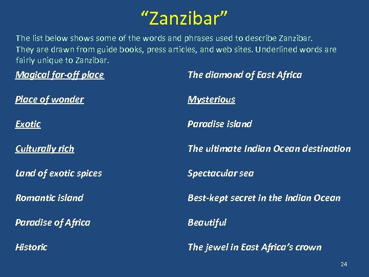 “Zanzibar” The list below shows some of the words and phrases used to describe