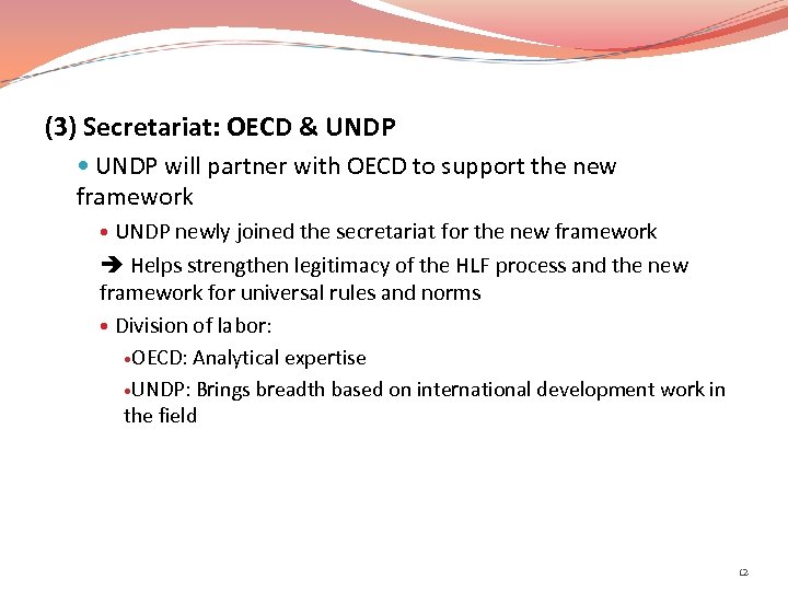 (3) Secretariat: OECD & UNDP will partner with OECD to support the new framework