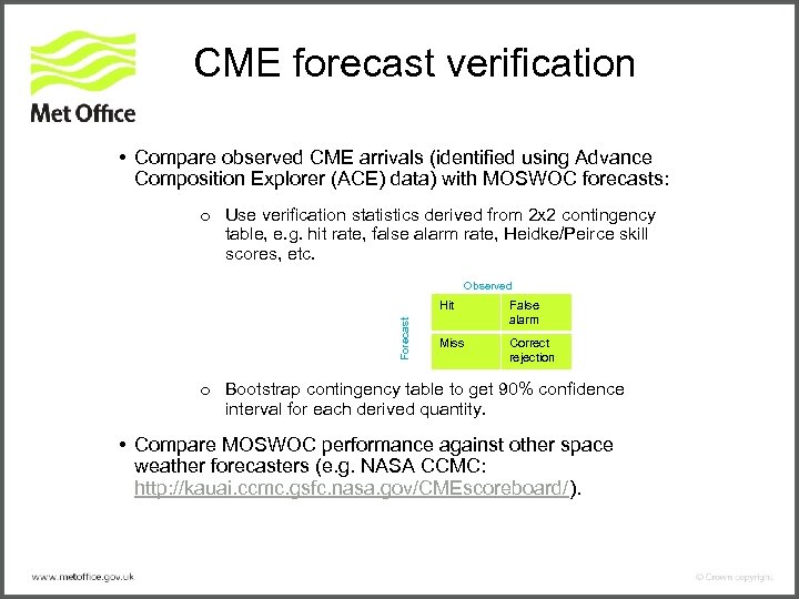 CME forecast verification • Compare observed CME arrivals (identified using Advance Composition Explorer (ACE)
