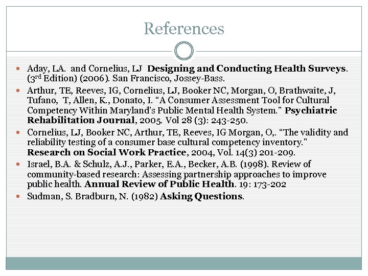 References Aday, LA. and Cornelius, LJ Designing and Conducting Health Surveys. (3 rd Edition)