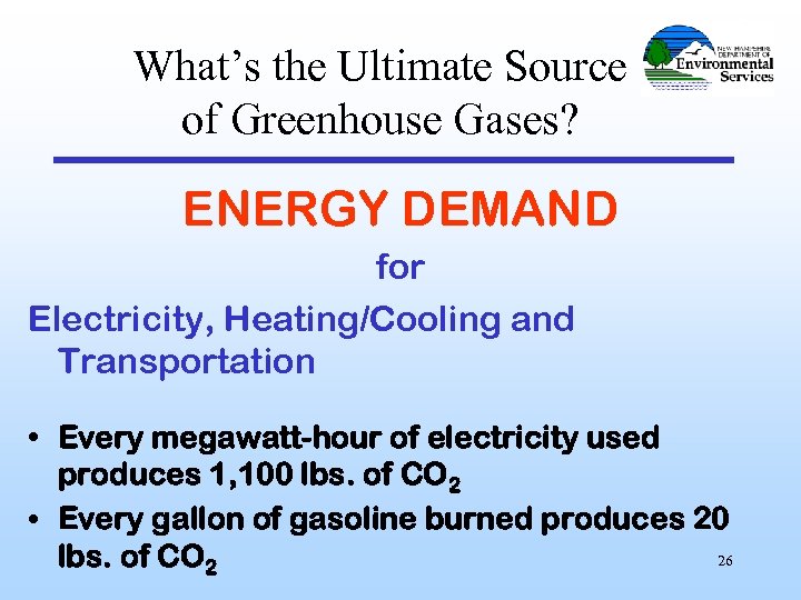 What’s the Ultimate Source of Greenhouse Gases? ENERGY DEMAND for Electricity, Heating/Cooling and Transportation