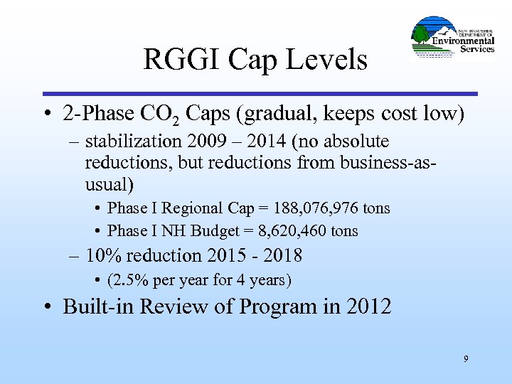 RGGI Cap Levels • 2 -Phase CO 2 Caps (gradual, keeps cost low) –