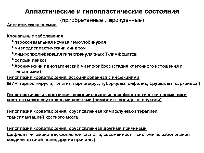 Апластические и гипопластические состояния Апластическая анемия (приобретенные и врожденные) Клональные заболевания пароксизмальная ночная гемоглобинурия