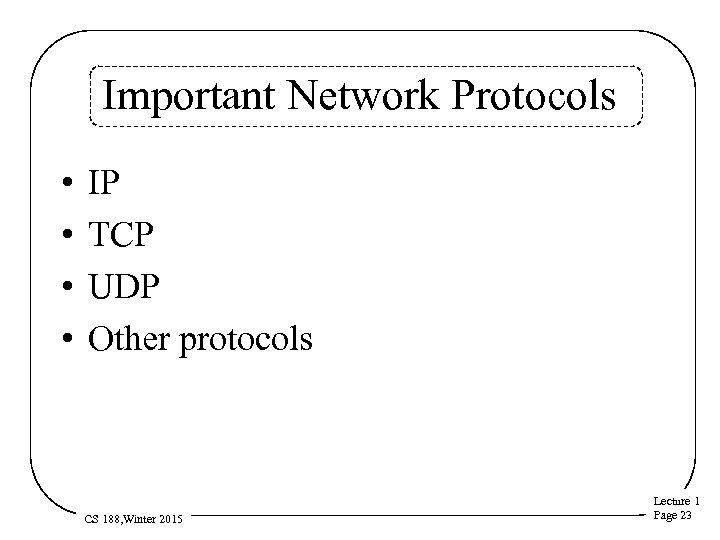 Important Network Protocols • • IP TCP UDP Other protocols CS 188, Winter 2015