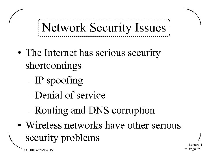Network Security Issues • The Internet has serious security shortcomings – IP spoofing –