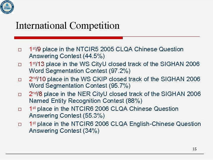 International Competition o o o 1 st/9 place in the NTCIR 5 2005 CLQA