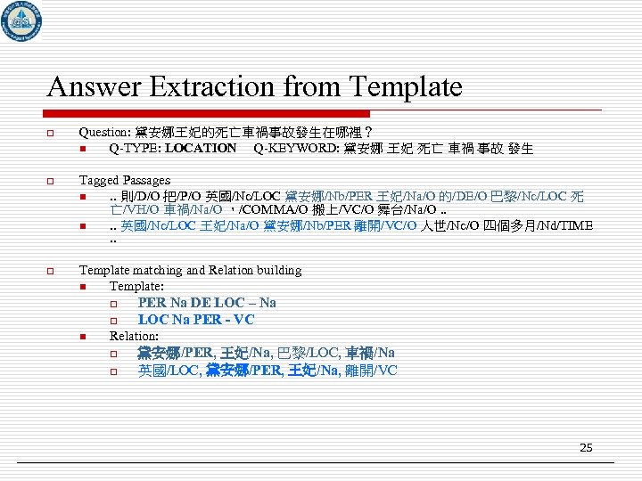 Answer Extraction from Template o Question: 黛安娜王妃的死亡車禍事故發生在哪裡？ n Q-TYPE: LOCATION Q-KEYWORD: 黛安娜 王妃 死亡