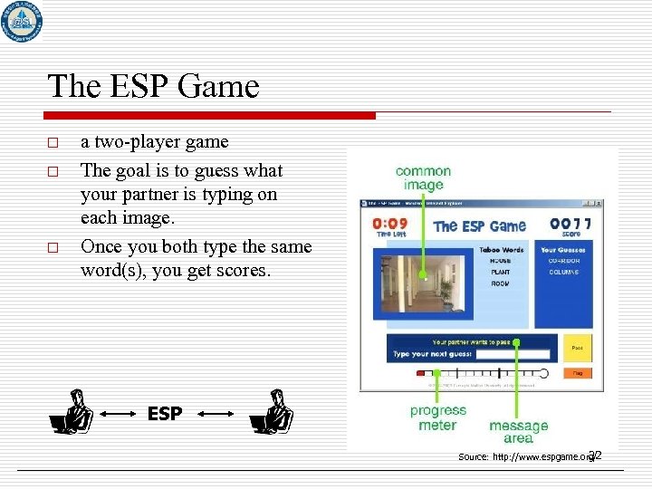 The ESP Game o o o a two-player game The goal is to guess
