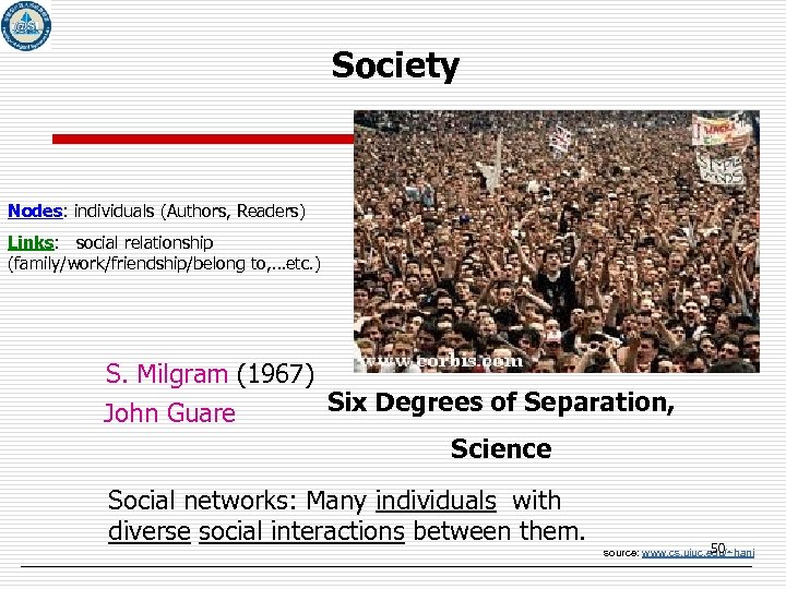 Society Nodes: individuals (Authors, Readers) Links: social relationship (family/work/friendship/belong to, …etc. ) S. Milgram