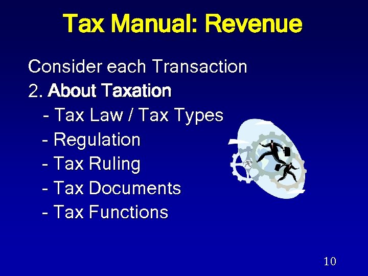 Tax Manual: Revenue Consider each Transaction 2. About Taxation - Tax Law / Tax