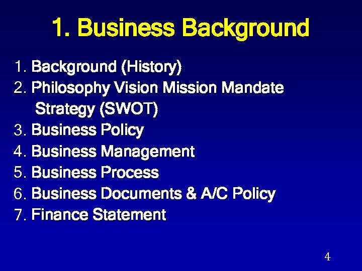 1. Business Background 1. Background (History) 2. Philosophy Vision Mission Mandate Strategy (SWOT) 3.