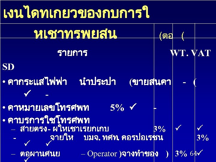 เงนไดทเกยวของกบการใ หเชาทรพยสน รายการ (ตอ ( WT. VAT SD • คากระแสไฟฟา นำประปา (ขายสนคา • คาหมายเลขโทรศพท