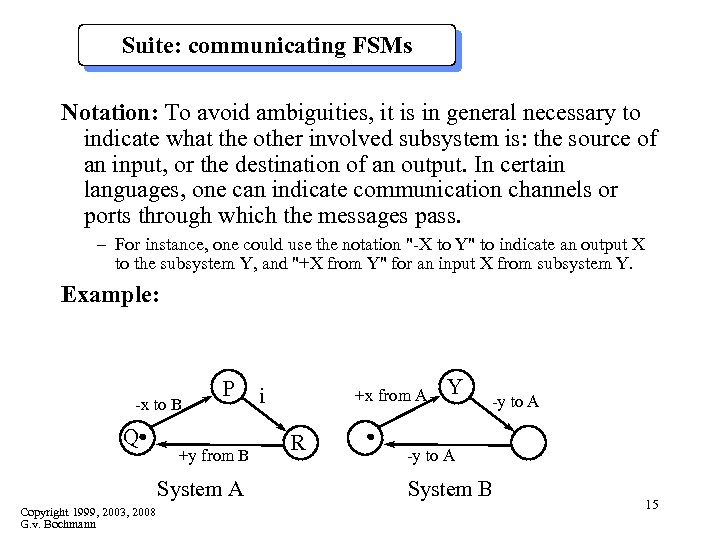 Suite: communicating FSMs Notation: To avoid ambiguities, it is in general necessary to indicate