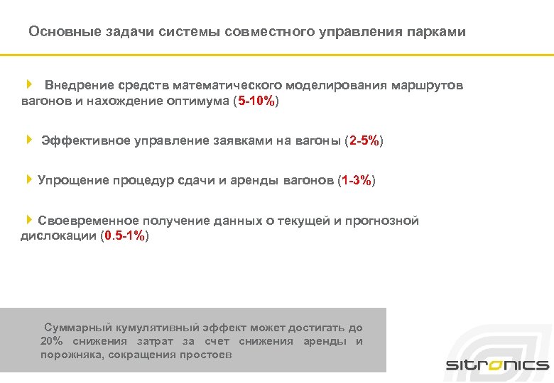 Основные задачи системы совместного управления парками 4 Внедрение средств математического моделирования маршрутов вагонов и