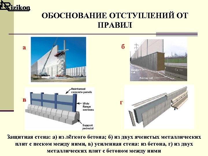 ОБОСНОВАНИЕ ОТСТУПЛЕНИЙ ОТ ПРАВИЛ а б в г Защитная стена: а) из лёгкого бетона;