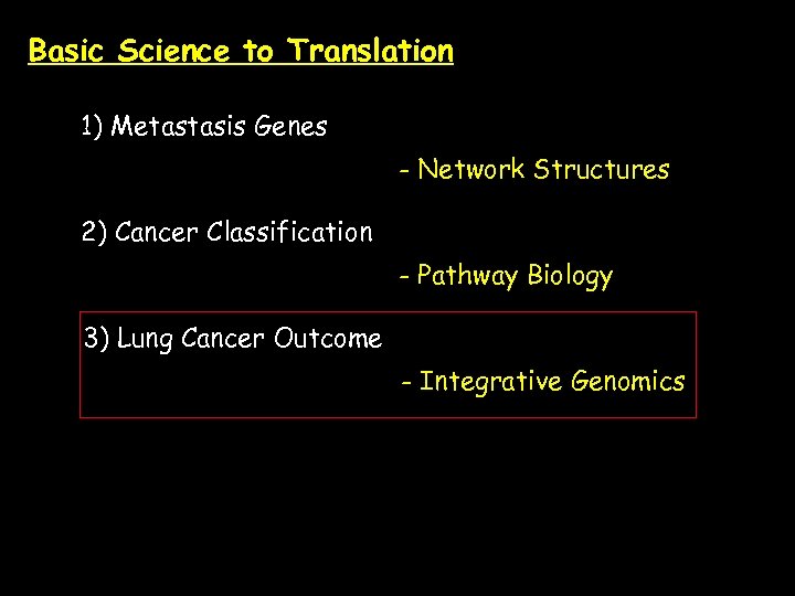 Basic Science to Translation 1) Metastasis Genes - Network Structures 2) Cancer Classification -