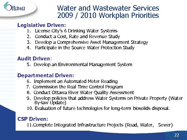 Water and Wastewater Services 2009 / 2010 Workplan Priorities Legislative Driven: 1. License City’s