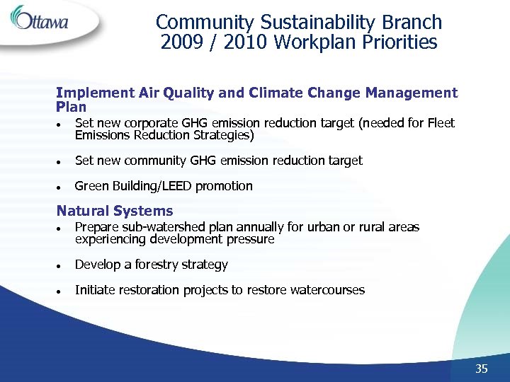 Community Sustainability Branch 2009 / 2010 Workplan Priorities Implement Air Quality and Climate Change