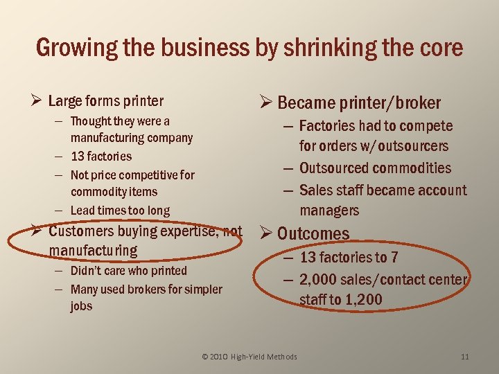 Growing the business by shrinking the core Ø Large forms printer – Thought they