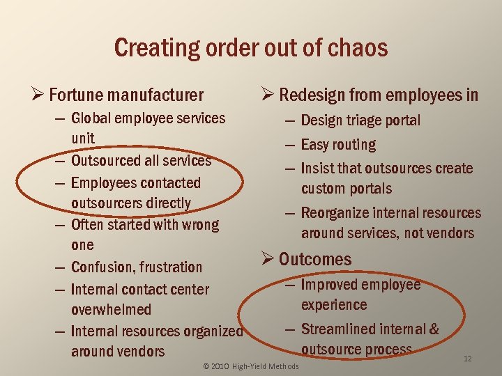 Creating order out of chaos Ø Fortune manufacturer Ø Redesign from employees in –