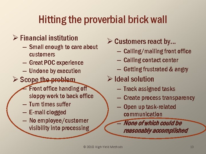 Hitting the proverbial brick wall Ø Financial institution – Small enough to care about