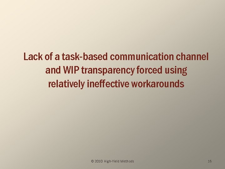 Lack of a task-based communication channel and WIP transparency forced using relatively ineffective workarounds