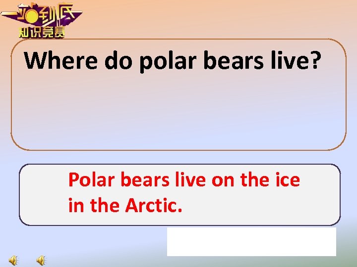 Where do polar bears live? Polar bears live on the ice in the Arctic.