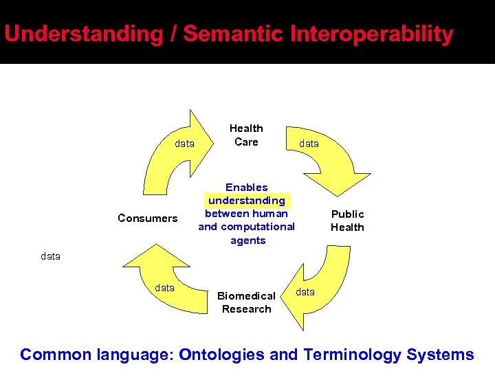 Understanding / Semantic Interoperability data Consumers Health Care data Enables understanding between human and
