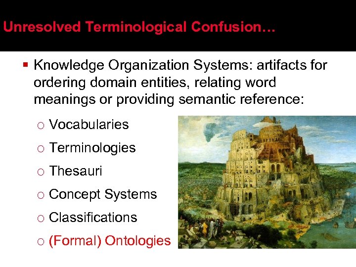 Unresolved Terminological Confusion… § Knowledge Organization Systems: artifacts for ordering domain entities, relating word