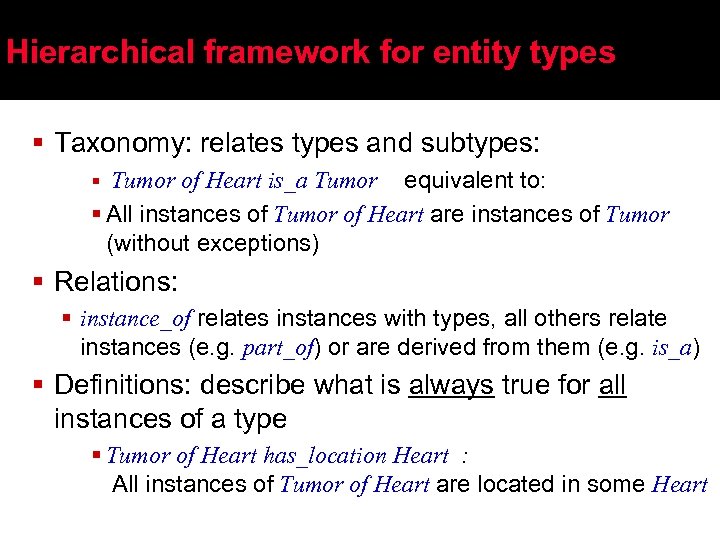 Hierarchical framework for entity types § Taxonomy: relates types and subtypes: § Tumor of