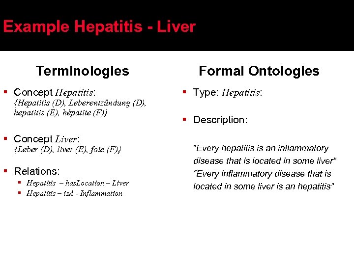 Example Hepatitis - Liver Terminologies Formal Ontologies § Concept Hepatitis: {Hepatitis (D), Leberentzündung (D),