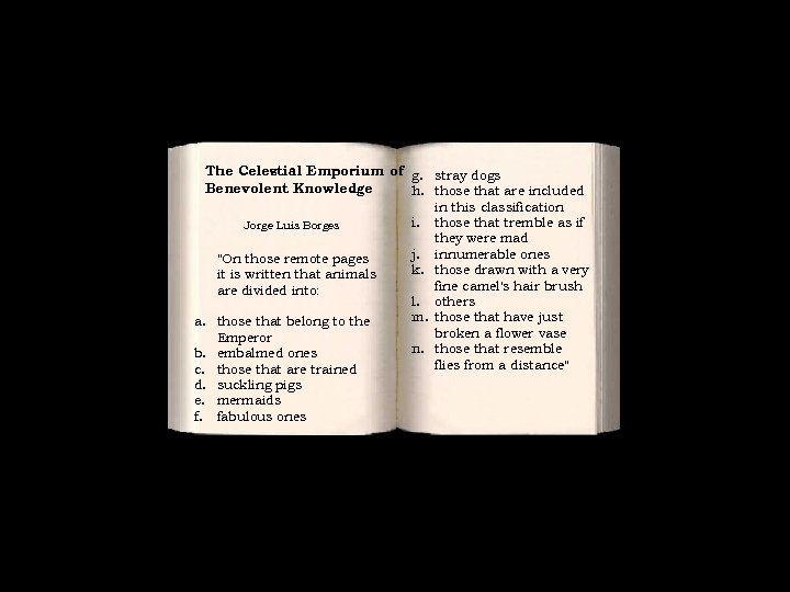 The Celestial Emporium of g. stray dogs Benevolent Knowledge h. those that are included