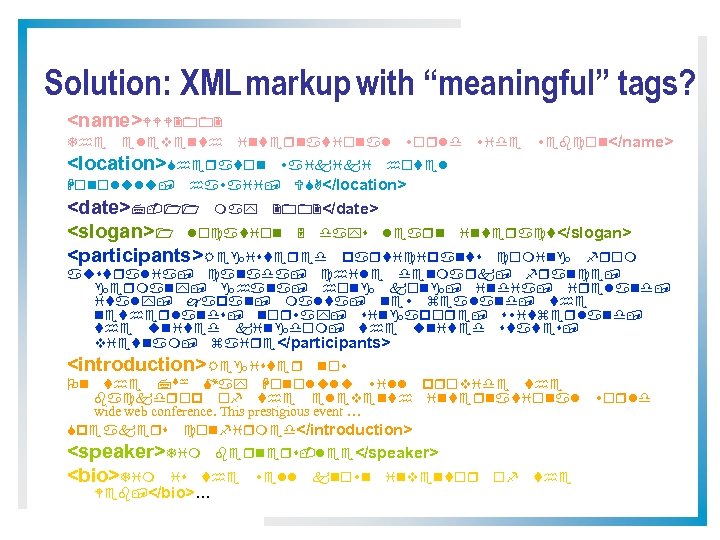 Solution: XML markup with “meaningful” tags? <name>WWW 2002 The eleventh international world wide webcon</name>