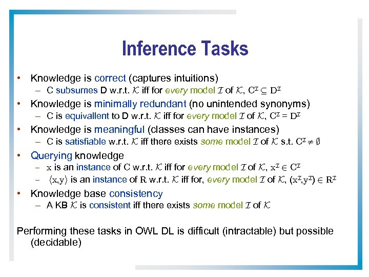 Inference Tasks • Knowledge is correct (captures intuitions) – C subsumes D w. r.