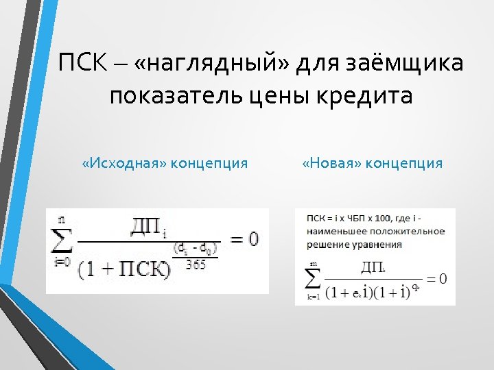 ПСК – «наглядный» для заёмщика показатель цены кредита «Исходная» концепция «Новая» концепция 