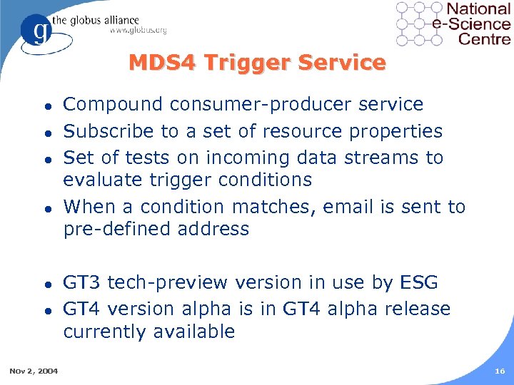 MDS 4 Trigger Service l l l Nov 2, 2004 Compound consumer-producer service Subscribe