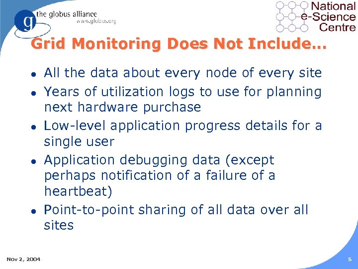 Grid Monitoring Does Not Include… l l l Nov 2, 2004 All the data
